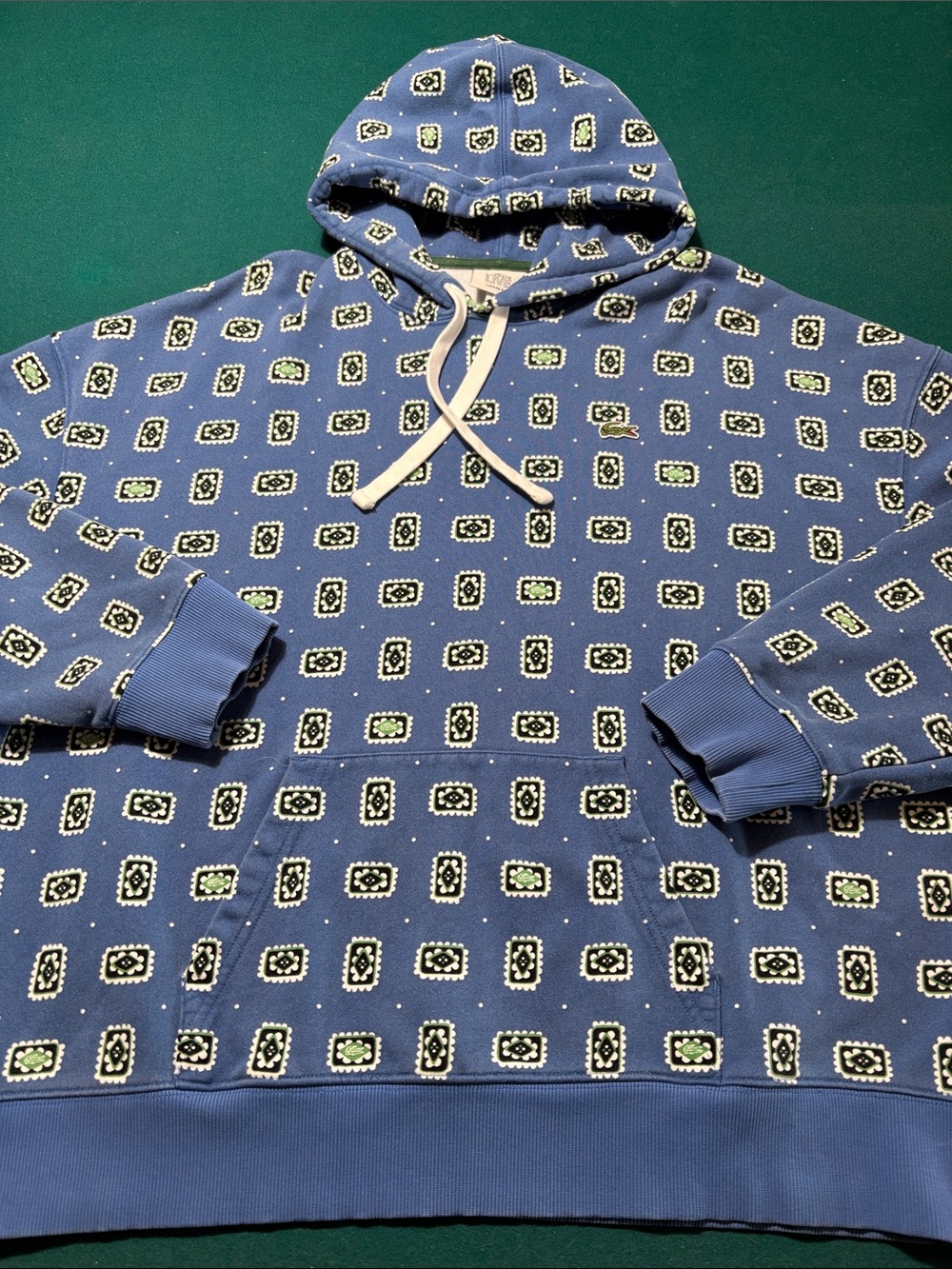 Lacoste Live AOP Blue Patterned Heavy Pullover Hoodie Rare , 2XL , $68